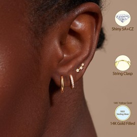 Morfetto 925 Sterling Silver Stud Earrings Huggie Earring Set for Multiple Piercings Hypoallergenic 14 Carat Gold Earrings Petite Gold Earrings Small Hoop Cartilage Earrings for Women 3 Pairs,