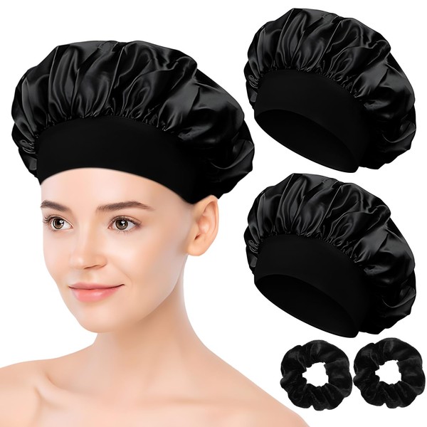 Silk Bonnet for Sleeping, Pack of 2, Adjustable Sleep Cap, Silk Satin Hair Cap, Sleep Cap with 2 Hair Bobbles for Women and Girls (Black)