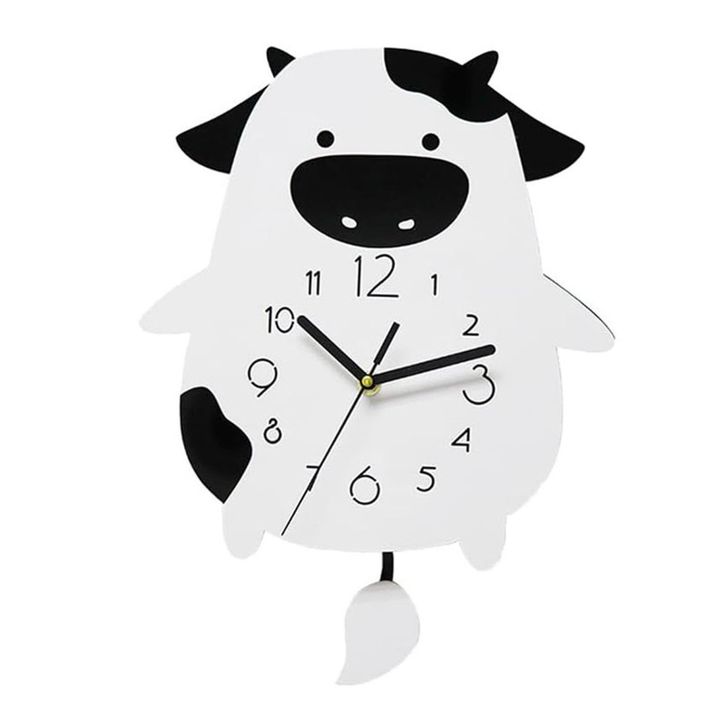 Acrylic Wall Clock Cartoon Cow Shape Silent Movement Decorative Swinging