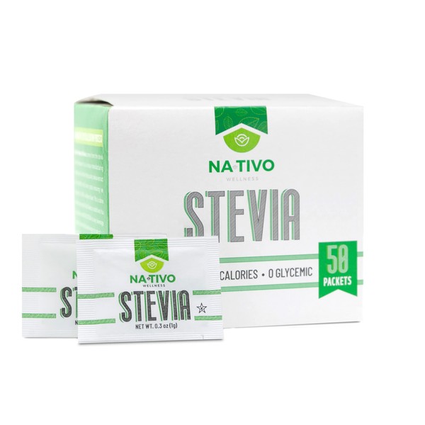 NATIVO STEVIA PACKETS 50 CT – KETO – cero calorías – cero carbohidratos – libre de gluten, sin OMG – KOSHER
