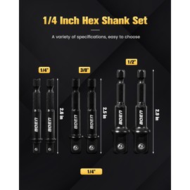 BOEN Juego de adaptadores de enchufe de grado de impacto, 6 adaptadores de broca con soporte de brocas, tamaños de 1/4 pulgadas, 3/8 pulgadas, 1/2 pulgadas, vástago hexagonal SAE de 1/4 pulgadas, Cr-V