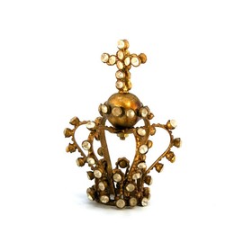 1in Tiny Jeweled Santos Kings Crown, Ornate Antiqued Gold Rhinestone Orb and Cross Motif