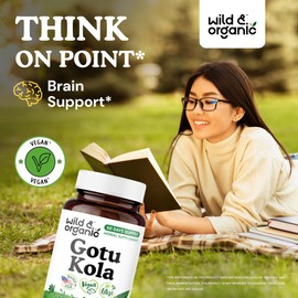Wild & Organic Gotu Kola Capsules 600 mg - Brain & Focus Support - Gotu Kola Powder Supplement - Centella Asiatica Extract - 60 Days of Supply - Vegan, No Fillers, Non-GMO - 60 Count