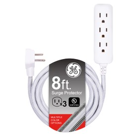 GE GE 3-Outlet Power Strip Surge Protector 8 Ft Braided Long Cord Extension Cord Surge Protector Power Strip Flat Plug Extension Cord 250 Joules ETL Listed White 38433