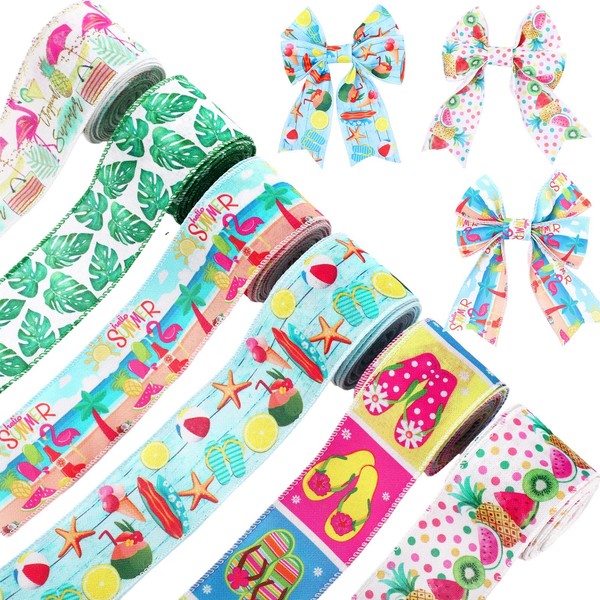 Tigeen 6 Rolls 30 Yards Summer Ribbon Flamingo Wired Ribbon