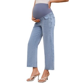 fitglam Women's Maternity Jeans Straight Leg Relaxed Fit Over Belly Comfy Denim Capris Pregnancy Cropped Pants-27'', S-XXL