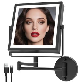 WZKALY Rechargeable Wall Mounted Makeup Mirror with Lights, 4000mAh Double Sided 1X/10X Magnifying Vanity Mirror with 3 Color Lights, Touch Dimmable, 360° Extension Foldable Arm (Matte Black)
