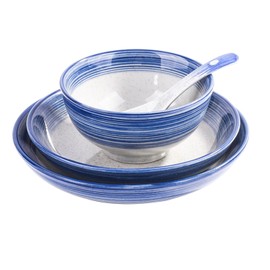 Whitenesser 4-Piece Blue Ceramic Dinnerware Set, Plate, Dish, Bowl, Spoon, Japanese Hand-painted Tableware set, A Good Tableware (BS)