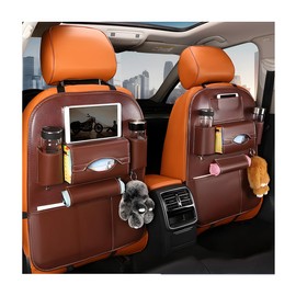 ZNDAW 2PCS Car Seatback Organizer, Waterproof Leather Seat Back Storage with Cup Holder Tissue Holder Multiple Pockets, Back Seat Protector Kick Mats for Kids, Travel Accessories (Coffee)