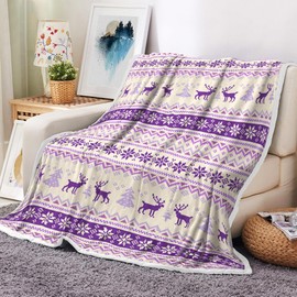 BSRAMZ Christmas Throw Blanket Purple Beige Winter Xmas Tree Dear Snowflake Holiday Decoration Reindeers Plaid Fleece Flannel Plush Warm Cozy Holiday Blankets for Couch, Sofa, Bed50X60in