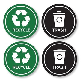 Recycle and Trash Bin Stickers, 3 x 3 Inches, Round Vinyl Stickers, Pack of 4, Green and Black