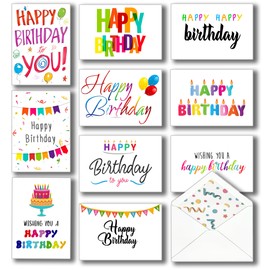 100 Happy Birthday Cards Bulk, Large 5x7 Inch Assorted, with Envelopes,Stickers and Simple Greetings Inside for Office, Business and Personal Use, 10 Designs, Thick Cardstock