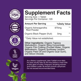 High Strength Organic Ashwagandha Supplements - Ashwagandha Organic Tablets for Mood Support & Hormone Balance for Women & Men - Root Extract Powder with Black Pepper for Better Absorption - 120 Ct