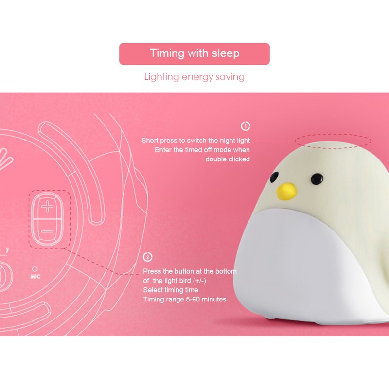 Cartoon Cute Bird Night Light Alarm Clock Silicone Touch USB