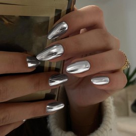 Silver Chrome Press on Nails Medium Almond Nails Press ons Metallic Nails Glue on, Acrylic Nails Fake Nails for Women, Thick Shinny Glazed False Nails Glue on Nails Medium Oval Nails for Party 24Pcs