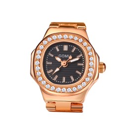 JewelryWe Ring Watch Finger Watch Women's Watches Square Quartz Analogue Adjustable Metal Ring Watch Women Glitter Rhinestone Finger Ring Watch Ring with Black Rectangular Dial, Rose gold dark grey,