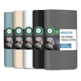 Acrali Home GOTS Cert. 100% Organic Percale Cotton Double Fitted Sheets - 30cm/12in Deep Fitted Sheets Double Bed - Hotel Quality, Super Soft and Breathable Fitted Bed Sheets Double - Grey 137x190 cm