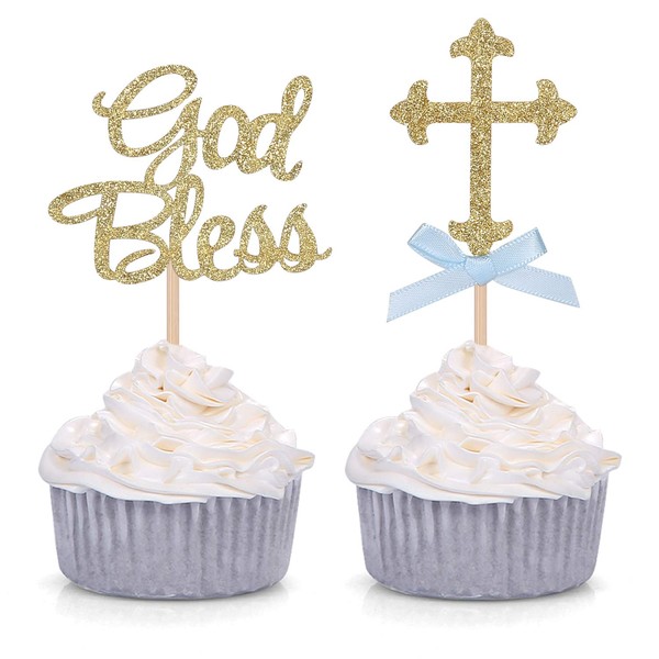 Gold Glitter God Bless and Cross Cupcake Toppers for Baptism Christening Party Decorations - 24 CT