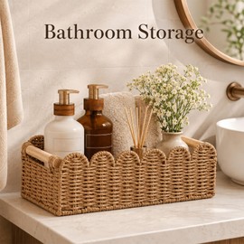 2PCS Bathroom Basket Organizer with Handle, Scalloped Basket, 14.4×6.4×4In