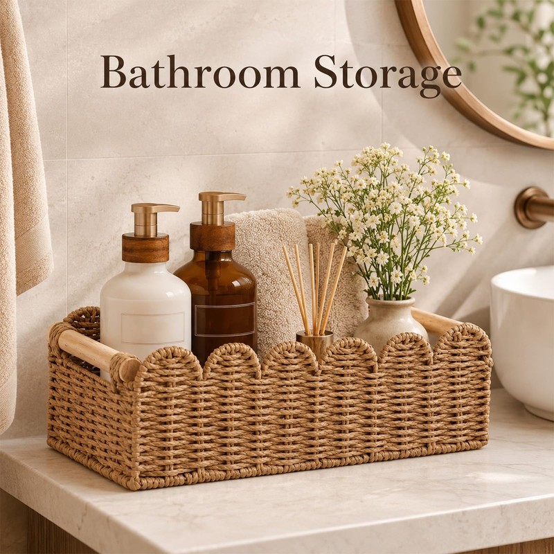 2PCS Bathroom Basket Organizer with Handle, Scalloped Basket, 14.4×6.4×4In