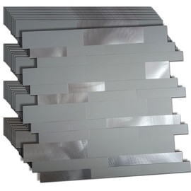 XUANINY 10-Sheet Peel and Stick Metal Backsplash Tiles, Self Adhesive Aluminum 3D Wall Sticker, Wall Panels for Kitchen Bathroom, Bedroom, Living Room(11.81"x11.81") (Grey+Frosted Silver, 10)