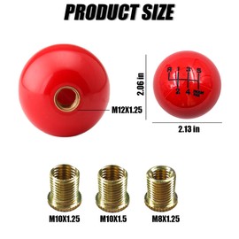 6 Speed Car Gear Shift Knob, Resin Ball Car Shifter Grip Head Handle, Car Stick Shift Head with 3 Adapters (M8X1.25, M10X1.5, M10X1.25), Automatic Manual Transmission Shift Knob Replacement (Red)