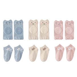 BUOKSLLY 3 Pairs of Non-Slip Baby Socks and 3 Pairs of Knee Pads Baby Crawling Girls Boys with Non-Slip Nubs for Secure Hold Baby Crawling Aid for 0-24 Months Pink, Blue, Khaki, multicoloured, L