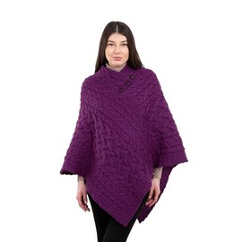 ARAN ISLE Ladies Poncho 100% Virgin Wool Aran Cable Knit Shawl Neck with Buttons Sweater (US, Alpha, Large, X-Large, Regular, Regular, Purple Liliac)