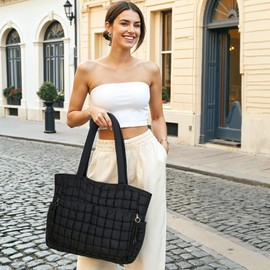 Herald Quilted Puffer Tote Bag for Women, Bubble Puffy Handbag with Compartments, Shoulder Purse for Work Travel Gym (Black)