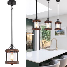 SGLfarmty Farmhouse Pendent Lights in Kitchen Island, Rustic Wood Pendant Light with Glass Shade, Bronze Entryway Pendant Lighting, Adjustable Glass Hanging Light Fixtures for Foyer, Sink, 1 Pack