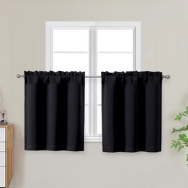 OWENIE Black Short Blackout Curtains Tier 24 Inch Length, Small Kitchen Curtains Rod Pocket Privacy Half Window Curtain for Bathroom Basement Cabinet Camper RV Bunk, 2 Panels, Each 30" Wx24 L