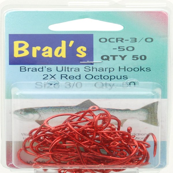 Brad's Killer Fishing Gear Octopus Hooks (Pack of 50), Red, Size 3/0