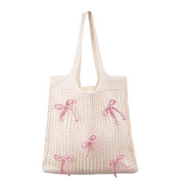 Knitted Beach Tote Bag with Bow - 14.2 x 24 Inch Large Summer Beach Bag for Women, Lightweight Cotton Boho Handbag for Pool, Travel & Shopping (Pink)