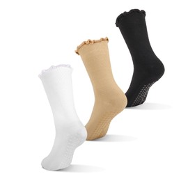 Fiohiros Pilates Yoga Socks with Grips for Women,Elegant Ruffle Frilly Pilates Socks,Non Slip Socks for Sport Ballet Dance (AU, Alpha, One Size, Regular, Regular, 3, White Black Khaki)