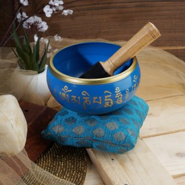 Ajuny Tibetan Singing Bowl Set - Handmade Tai Chi Carving Meditation Brass Blue 4 Inch with Rod and Cushion for Yoga, Sound Chakra Healing and Stress Relief Bowl