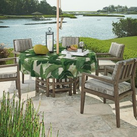 DYTXIII Round Outdoor Tablecloth with Umbrella Hole and Zipper 60 inch, Spring/Summer Floral Picnic Table Cover Waterproof Fabric for Patio Garden Picnic Party Table, Palms Green