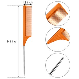 Leinuosen 3 Packs Rat Tail Comb Steel Pin Rat Tail Carbon Fiber Heat Resistant Teasing Combs with Stainless Steel Pintail (Orange)