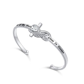 925 Sterling Silver Engraved Wing Faith Infinity Bracelet Cross Wing Bracelet Religious Gift for Women, Sterling Silver, Cubic Zirconia