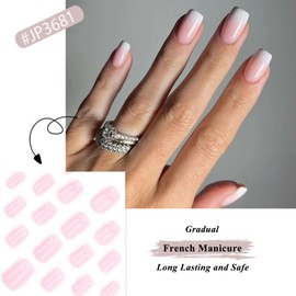 French False Nails - Short Square False Nails - Gradient White Pink Fake Nails - Soft Gel Press on Nails in 12 Sizes - French Nails with Glue for Women Girls Nails Art
