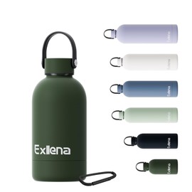 Exllena 350ml Small Water Bottle 350m for Handbag, Small Drinks Bottle with Handle Lid and Carabiner, Double Wall Vacuum Keeps Drinks Cold 24 Hrs/Hot 12 Hrs BPA Free (PineGreen)