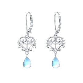 Filigree Moonstone Earrings for Women Sterling Silver Vintage Heart Filigree Cross Drop Dangle Earrings Leverback Bohemian Jewelry Valentine Christmas Birthday Gifts, One Size, Sterling Silver