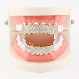 Huliyhus Diamond Grills for Your Teeth 18K Gold Plated Hip Hop Teeth Grillz Caps Iced Out CZ Top and Bottom Vampire Fangs Grillz for Men Women (01, Gold & Diamond), One Size