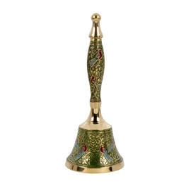Brass Hand Bell Peacock Design | Indian Puja Bell for Temples and Diwali Decorations | Call Bell Wedding Bells Hand Held Bell Christmas Bell | 7.5 inch | Green