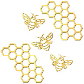 Peryiter 5 Pcs Metal Bee Wall Art Farmhouse Honey Bee Honey Comb Decor Wire Metal Bee Wall Metal Decor Bee Metal Wall Hanging for Living Room Garden Bedroom Office Home (Gold,Classic)
