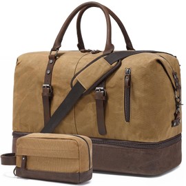 FENGDONG Weekender Bag Large Overnight Bag for Men Women Tote with Shoe Compartment Canvas Carry on Luggage Bag Travel Duffel Bag Brown