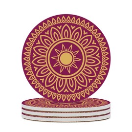 QAZPL Nuansexi Drink Coaster Round Boho Mandala Golden Pink Mat Pad Tabletop Protection Ceramic Coasters Anti Cork Base Reusable Saucers Kitchen Housewarming Gift, 1PCS