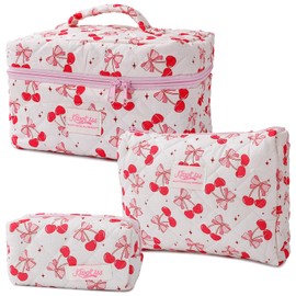 Denovin 3-Piece Quilted Makeup Bag, Large Cute Coquette Pink Makeup Bag Set, Aesthetic Cosmetic Bags for Women, Travel Toiletry Bag Organizer with Zipper (Cherry Bow)