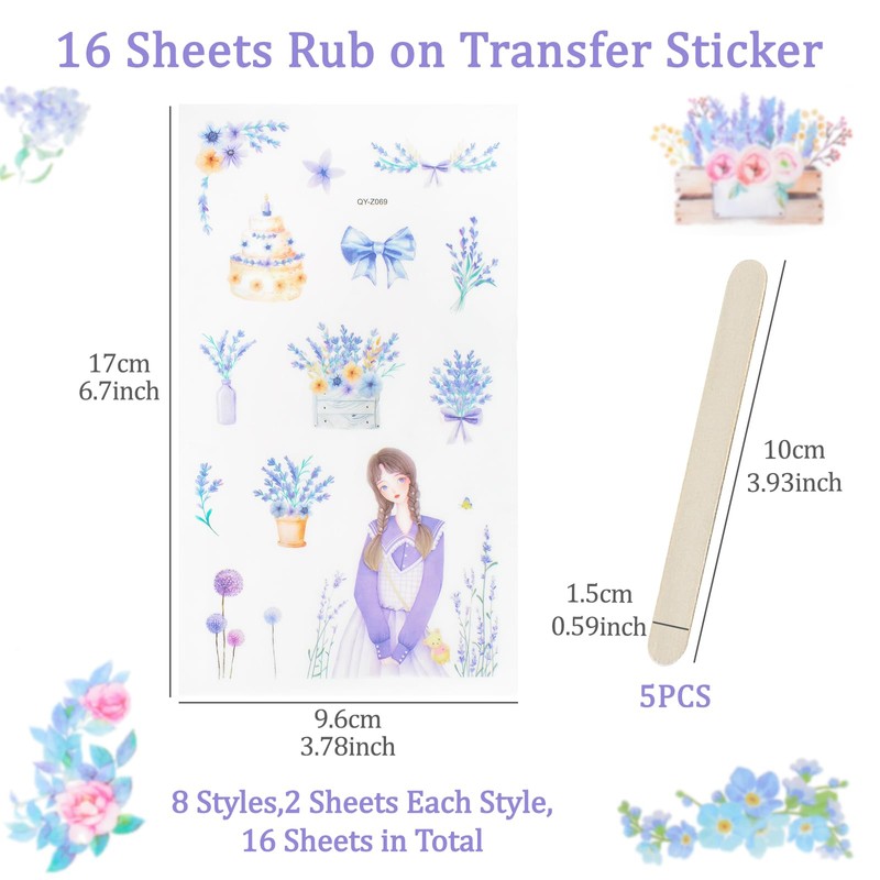 WANDIC 16 Sheets Rub On Transfer Stickers, Girls Flowers Pattern