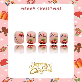 Christmas Press on Nails Short Square Winter Tip Fake Nails Holly Nude False Nails with Designs Cute Car & Illumination Glossy Glue on Nails Xmas Acrylic Nails for Women Girls 24 Pcs