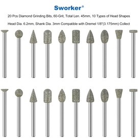 20Pcs 60-Grit Diamond Grinder Bit 1/8" Shank Compatible with Dremel Rotary Tool Attachment Accessories Grinding Burrs for Stone Glass Resin Porcelain Ceramic Quartz Glaze Steel Carve Engrave Polish